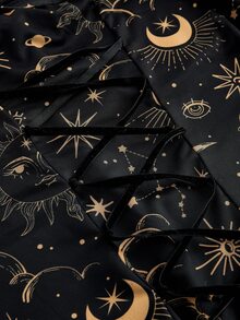 ROMWE Gothic Retro Mysterious Star & Moon Allover Print Off Shoulder Bell Sleeve Mesh A-Line Dress - Black - View 9