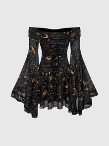 ROMWE Gothic Retro Mysterious Star & Moon Allover Print Off Shoulder Bell Sleeve Mesh A-Line Dress - Black - View 8