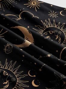 ROMWE Gothic Retro Mysterious Star & Moon Allover Print Off Shoulder Bell Sleeve Mesh A-Line Dress - Black - View 10