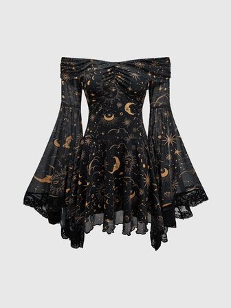Gothic Retro Mysterious Star & Moon Allover Print Off Shoulder Bell Sleeve Mesh A-Line Dress