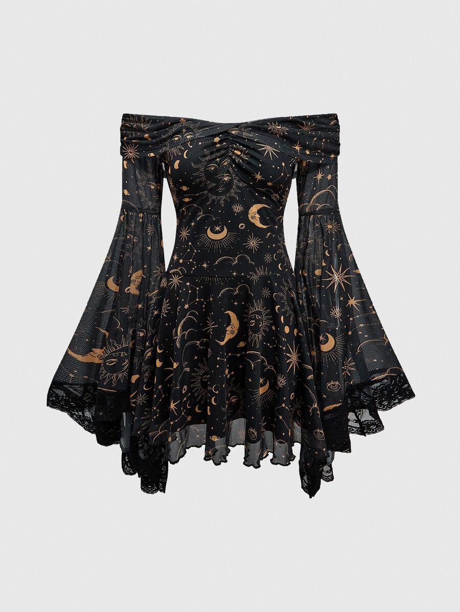 ROMWE Gothic Retro Mysterious Star & Moon Allover Print Off Shoulder Bell Sleeve Mesh A-Line Dress - Black - View 1