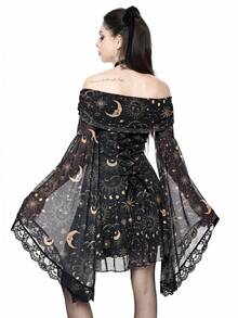 ROMWE Gothic Retro Mysterious Star & Moon Allover Print Off Shoulder Bell Sleeve Mesh A-Line Dress - Black - View 2