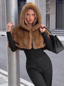 SHEIN ICON Women's Autumn/Winter Fashion Hooded Cropped Faux Fur Jacket,Halloween Costumes For Women Cocktail Going Out Shades Of Brown Elegant - Brown - View 1