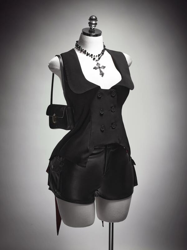 SHEIN ICON Plus Size Vintage Y2K Gothic Vampire Vest, Retro Sexy Asymmetrical Hem Blazer Vest, Halloween Outfit