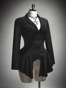 SHEIN ICON Plus-Size Women's Striped Casual Gothic Blazer, Halloween Costume, Irregular Hem - Grey - View 3