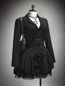 SHEIN ICON Plus-Size Women's Striped Casual Gothic Blazer, Halloween Costume, Irregular Hem - Grey - View 1