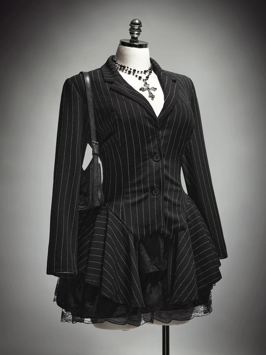 SHEIN ICON Plus-Size Women's Striped Casual Gothic Blazer, Halloween Costume, Irregular Hem - Grey - View 1