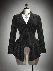 SHEIN ICON Plus-Size Women's Striped Casual Gothic Blazer, Halloween Costume, Irregular Hem - Grey - View 4