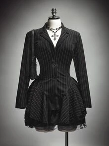 SHEIN ICON Plus-Size Women's Striped Casual Gothic Blazer, Halloween Costume, Irregular Hem - Grey - View 2