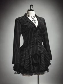 SHEIN ICON Plus-Size Women's Striped Casual Gothic Blazer, Halloween Costume, Irregular Hem - Grey - View 7