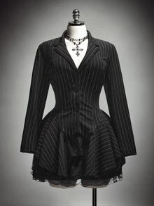 SHEIN ICON Plus-Size Women's Striped Casual Gothic Blazer, Halloween Costume, Irregular Hem - Grey - View 5