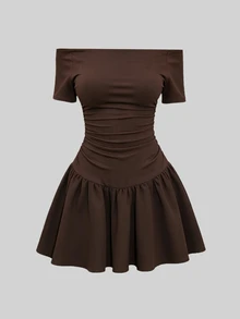 QUELARIE Women's Solid Color Off-Shoulder Short Sleeve Ruffle Fashion Dress - Coffee Brown - View 1