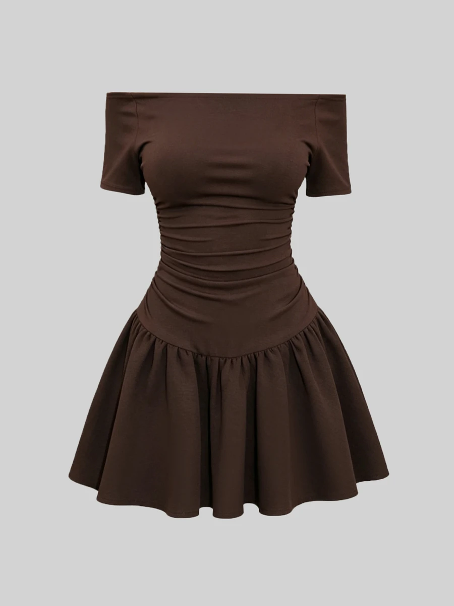 QUELARIE Women's Solid Color Off-Shoulder Short Sleeve Ruffle Fashion Dress - Coffee Brown - View 1