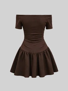 QUELARIE Women's Solid Color Off-Shoulder Short Sleeve Ruffle Fashion Dress - Coffee Brown - View 2
