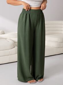 SHEIN CURVE+ 2件組黑色與軍綠色彎曲休閒居家服套裝，大尺碼，鬆緊腰褶邊長褲，寬鬆梭織布料，日常派對街頭風 - 彩色 - 查看 6