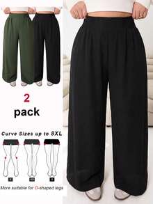 SHEIN CURVE+ 2件組黑色與軍綠色彎曲休閒居家服套裝，大尺碼，鬆緊腰褶邊長褲，寬鬆梭織布料，日常派對街頭風 - 彩色 - 查看 7
