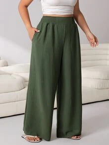 SHEIN CURVE+ 2件組黑色與軍綠色彎曲休閒居家服套裝，大尺碼，鬆緊腰褶邊長褲，寬鬆梭織布料，日常派對街頭風 - 彩色 - 查看 3
