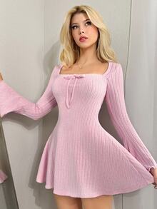 Sweetina Y2k Solid Color Square Neck Flare Sleeve Mini Y2K Fall Women Long Sleeve Going Out Dress, Spring Autumn ,Dresses For Women Elegant - Pink - View 2