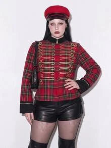 SHEIN ICON ICON Plus Size Women's Plaid Blazer With Napoleonic-Style Detailing (Halloween Costume / Ringmaster Style) - Multicolor - View 2