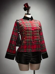 SHEIN ICON ICON Plus Size Women's Plaid Blazer With Napoleonic-Style Detailing (Halloween Costume / Ringmaster Style) - Multicolor - View 4