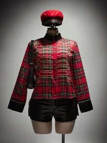 SHEIN ICON ICON Plus Size Women's Plaid Blazer With Napoleonic-Style Detailing (Halloween Costume / Ringmaster Style) - Multicolor - View 3