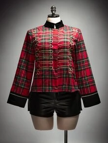 SHEIN ICON ICON Plus Size Women's Plaid Blazer With Napoleonic-Style Detailing (Halloween Costume / Ringmaster Style) - Multicolor - View 9