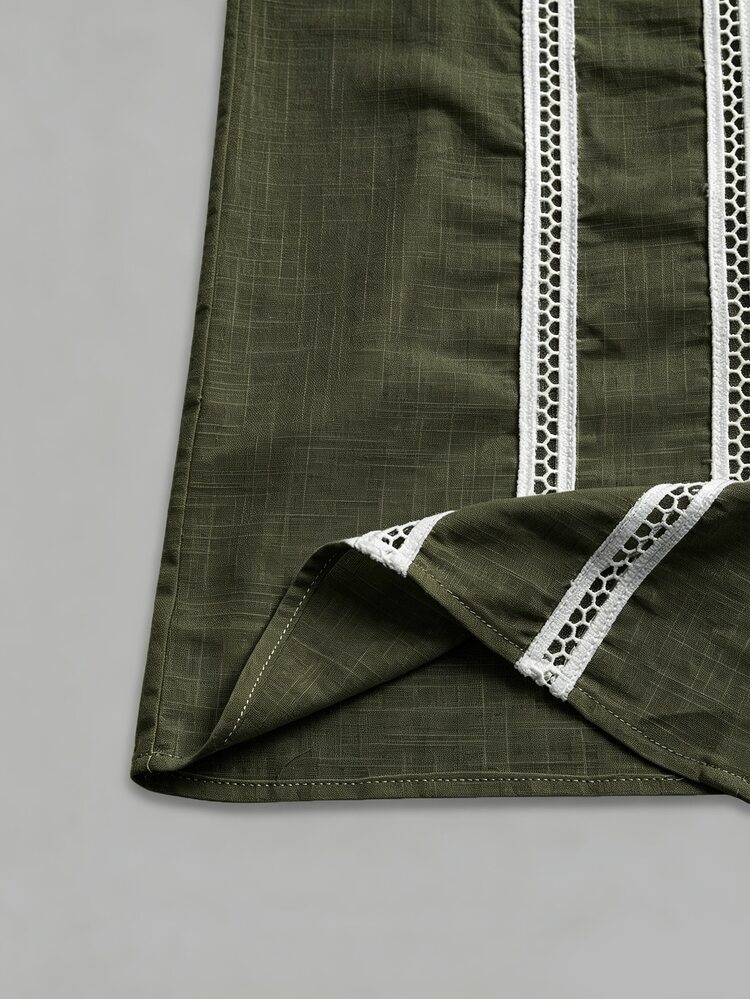 Omancia Women's Standard Size V-Neck Two-Button Decor Square Lace Patchwork Drop Shoulder Casual 70s 70's Inspired Vacation Shirt Army Green Summer - Army Green - View 3