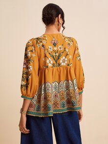 LOTSLUV Women's Mustard Yellow Floral Peplum Blouse, Tie Neck, Lantern Sleeves, Border Print, Boho Autumn Brunch Vacation Top,Women Classy Tops - Yellow - View 2