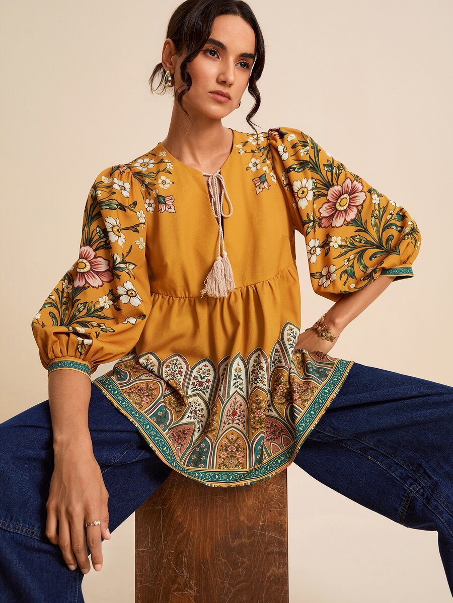 LOTSLUV Women's Mustard Yellow Floral Peplum Blouse, Tie Neck, Lantern Sleeves, Border Print, Boho Autumn Brunch Vacation Top,Women Classy Tops - Yellow - View 1