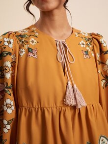 LOTSLUV Women's Mustard Yellow Floral Peplum Blouse, Tie Neck, Lantern Sleeves, Border Print, Boho Autumn Brunch Vacation Top,Women Classy Tops - Yellow - View 5