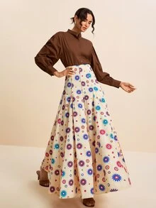LOTSLUV 女款初秋度假優雅通勤米杏色花卉圖案開衩大尺寸下擺印花裙 - 彩色 - 查看 6