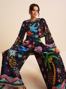 LOTSLUV Women's Early Autumn Casual Boho Holiday, Black Colorful Graffiti Print, Round Neck Long Sleeve Loose Short Top Long Pants 2-Piece Set Vacation - Black - View 7