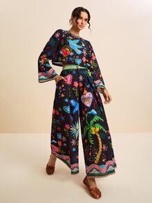 LOTSLUV Women's Early Autumn Casual Boho Holiday, Black Colorful Graffiti Print, Round Neck Long Sleeve Loose Short Top Long Pants 2-Piece Set Vacation - Black - View 4