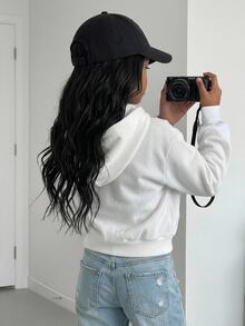 SHEIN 青少年女孩純色兒童拉鍊休閒日常連帽長袖秋季運動衫 - 白色 - 查看 2