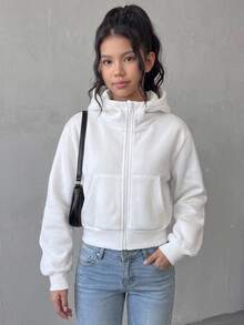 SHEIN 青少年女孩純色兒童拉鍊休閒日常連帽長袖秋季運動衫 - 白色 - 查看 1