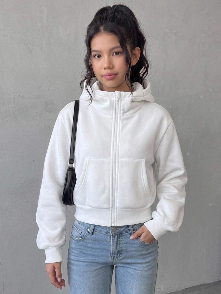SHEIN 青少年女孩純色兒童拉鍊休閒日常連帽長袖秋季運動衫 - 白色 - 查看 1