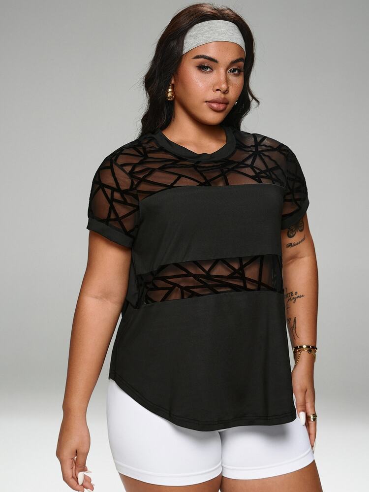 Rhythm Era Plus Size Flocked & Mesh Patchwork Short Sleeve Black Summer Athletic Curve Midsize Gym Sports T-Shirt Workout Tops Gym Activewear Tops - Black - View 5