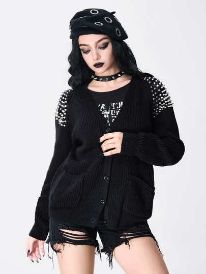 Goth Cardigan de punto suelto con cuello en V, diseño de remaches y punta puntiaguda, estilo punk gótico metal