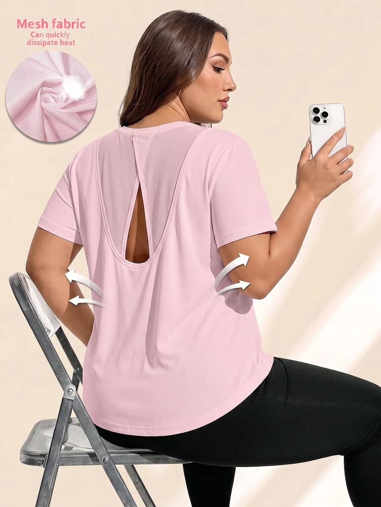 SHEIN Rhythm Era Plus Size Women's Solid Color Backless Short Sleeve Sports T-Shirt - Baby Pink - View 3
