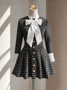 Fine & Folde Women's Plaid Tie Collar Casual Party Dress - Black and White - View 4