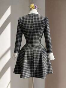 Fine & Folde Women's Plaid Tie Collar Casual Party Dress - Black and White - View 2