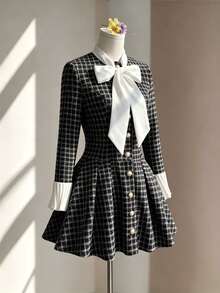 Fine & Folde Women's Plaid Tie Collar Casual Party Dress - Black and White - View 1