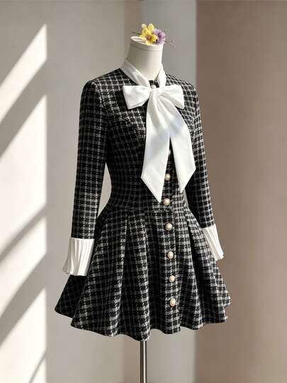 Fine & Folde Women's Plaid Tie Collar Casual Party Dress