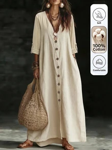 Trelyra Women's Solid Color Fabric Design Deep V-Neck Loose Flared Placket Button Long Sleeve Cuff Bohemian Country Casual Vacation Style Travel Autumn Dress - Apricot - View 1
