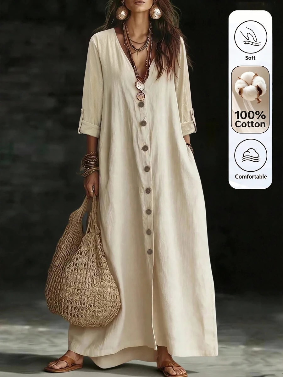 Trelyra Women's Solid Color Fabric Design Deep V-Neck Loose Flared Placket Button Long Sleeve Cuff Bohemian Country Casual Vacation Style Travel Autumn Dress - Apricot - View 1