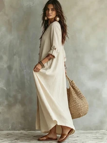 Trelyra Women's Solid Color Fabric Design Deep V-Neck Loose Flared Placket Button Long Sleeve Cuff Bohemian Country Casual Vacation Style Travel Autumn Dress - Apricot - View 2