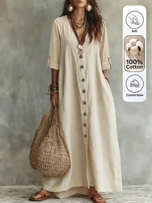 Trelyra Women's Solid Color Fabric Design Deep V-Neck Loose Flared Placket Button Long Sleeve Cuff Bohemian Country Casual Vacation Style Travel Autumn Dress - Apricot - View 3