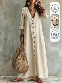 Trelyra Women's Solid Color Fabric Design Deep V-Neck Loose Flared Placket Button Long Sleeve Cuff Bohemian Country Casual Vacation Style Travel Autumn Dress - Apricot - View 4