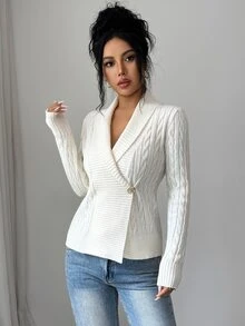Elenzga Women's Autumn/Winter V-Neck Turn-Down Collar Cable Knit Waist-Cinching Cardigan Sweater - Beige - View 7
