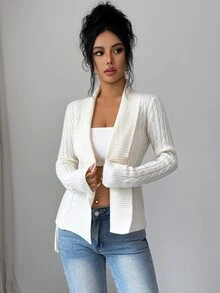Elenzga Women's Autumn/Winter V-Neck Turn-Down Collar Cable Knit Waist-Cinching Cardigan Sweater - Beige - View 5